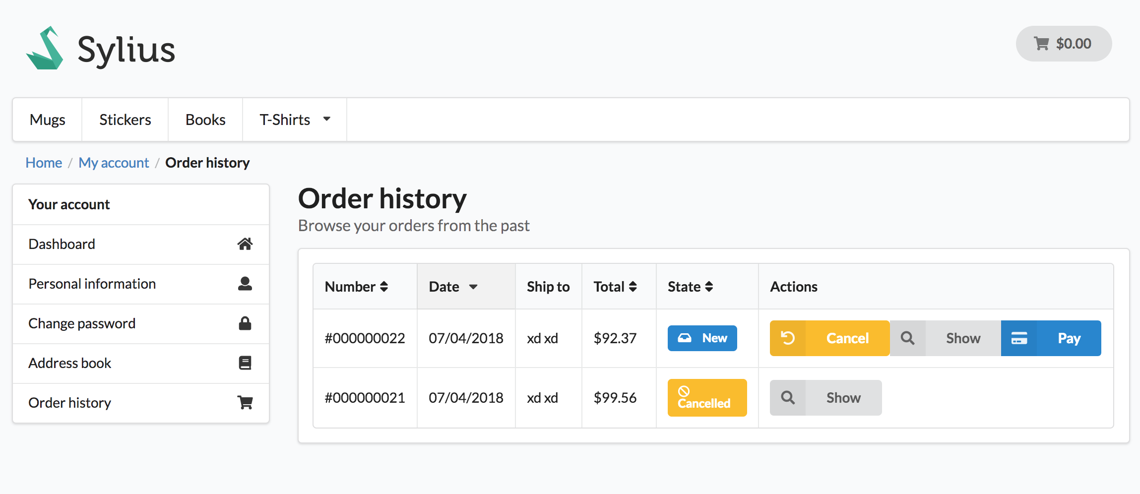 Screenshot showing the customer's orders page with cancel buttons