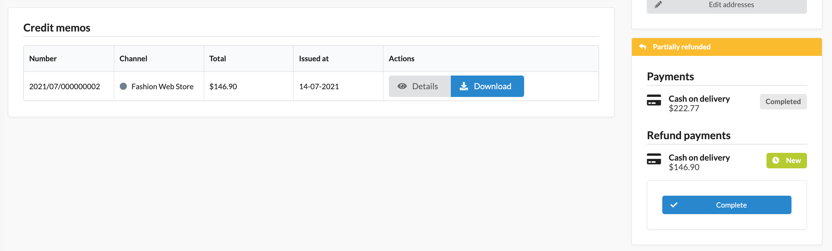 Screenshot showing order's credit memos and refund payments