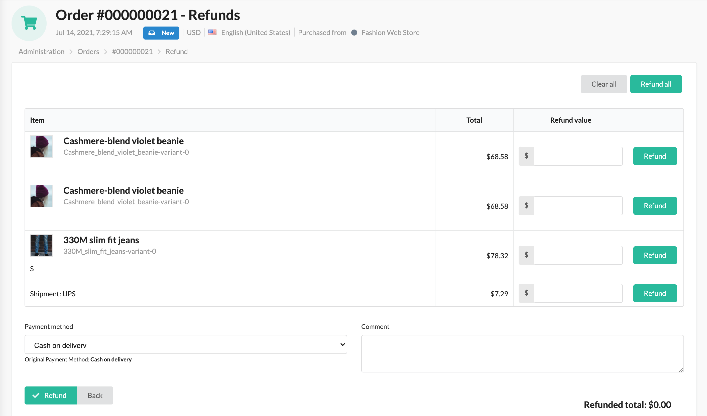 Screenshot showing order's refund section