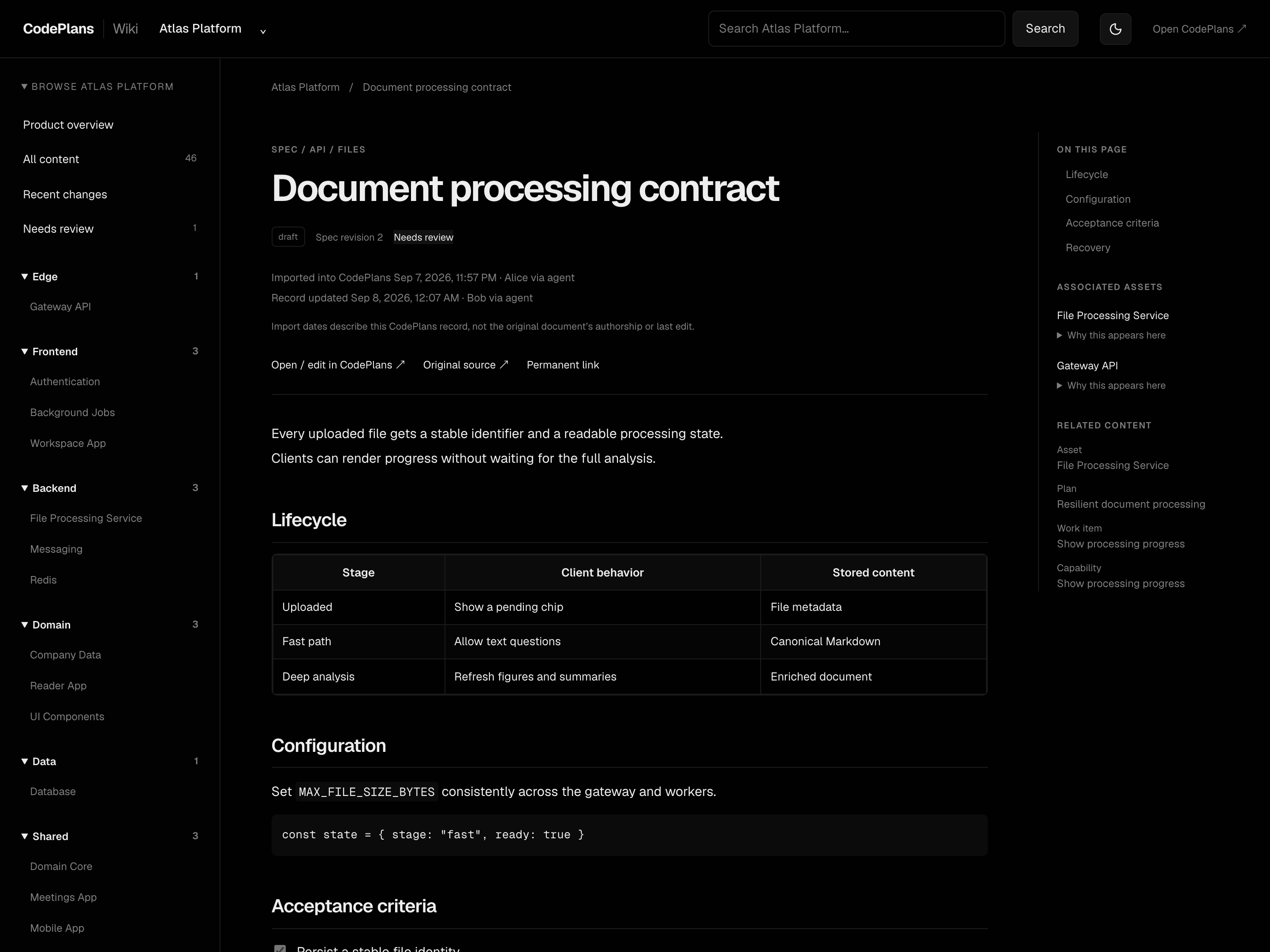 Wiki reader with spec versions, attribution, and GFM tables