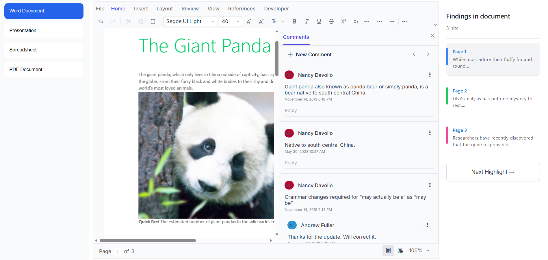 Word Document Demo page