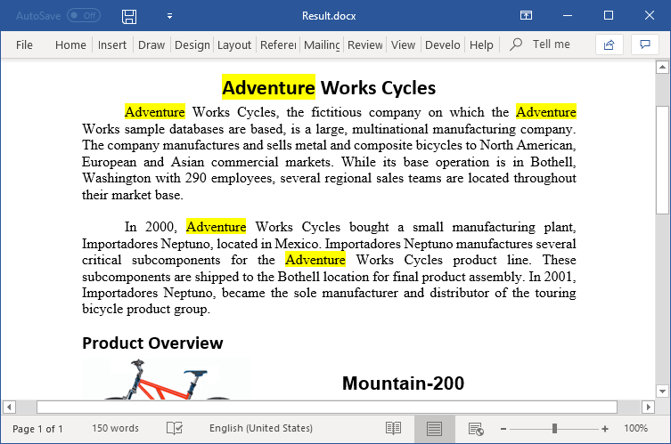 Find text from a Word document and format or highlight it in C#