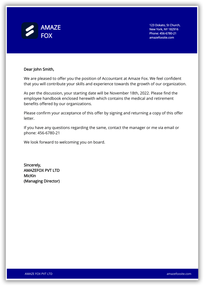 Job offer letter output