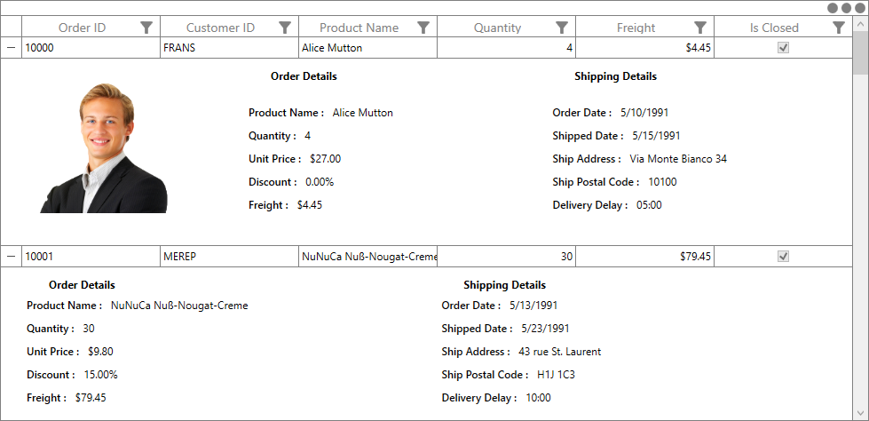 Adding row details using the RowTemplateSelector