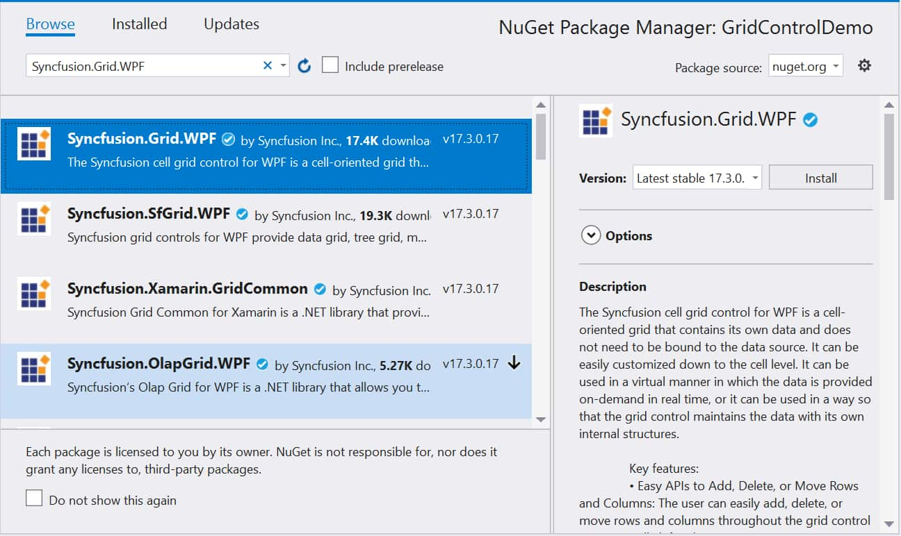Install Syncfusion.Grid.WPF from the NuGet package manager