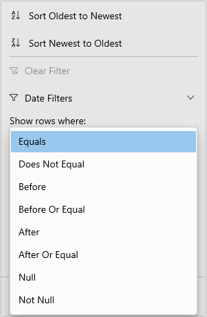 Displays date filter