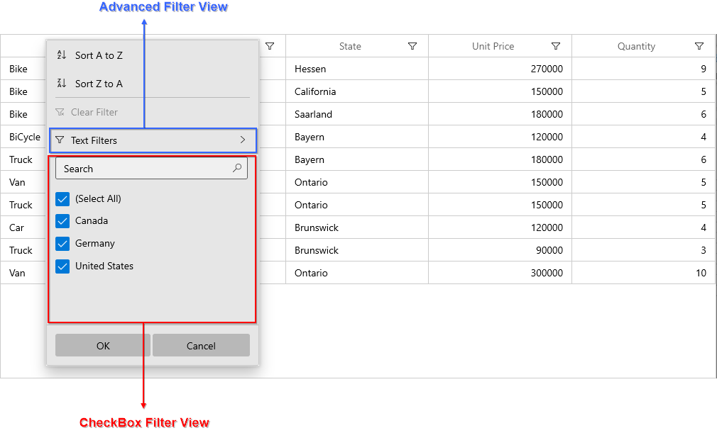 Displays the two UI views in SfDataGrid