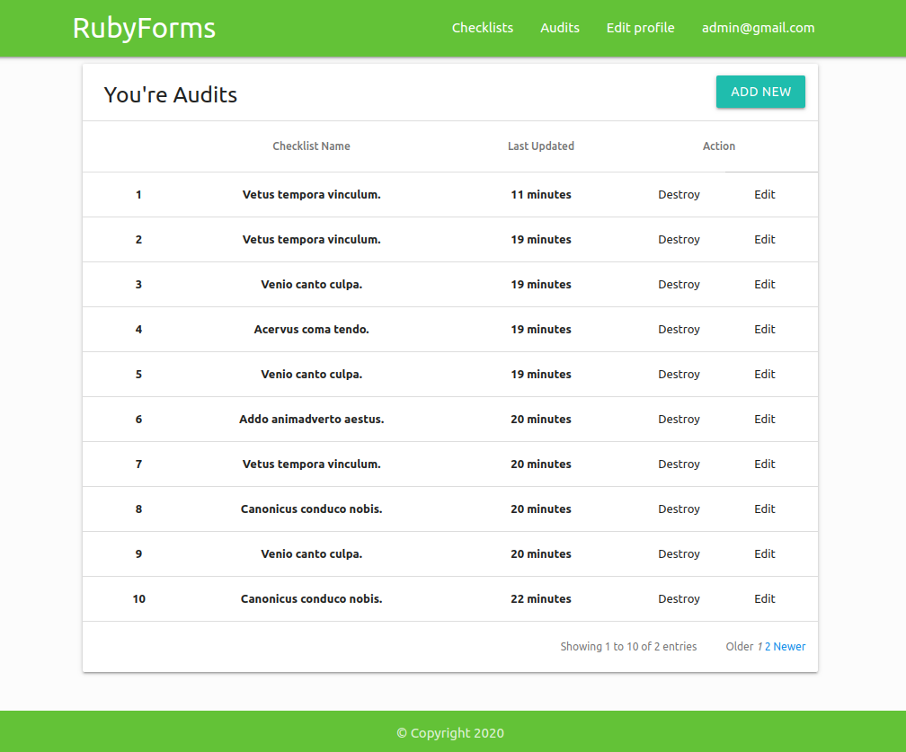 Audit index page