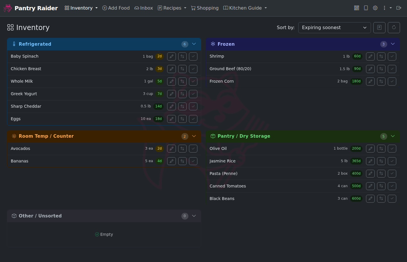 Inventory dashboard showing four storage panels with drag-and-drop