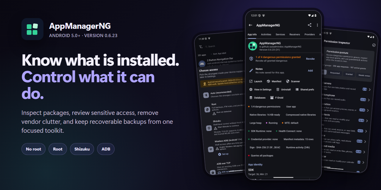 AppManagerNG package list, app details, and permission inspector