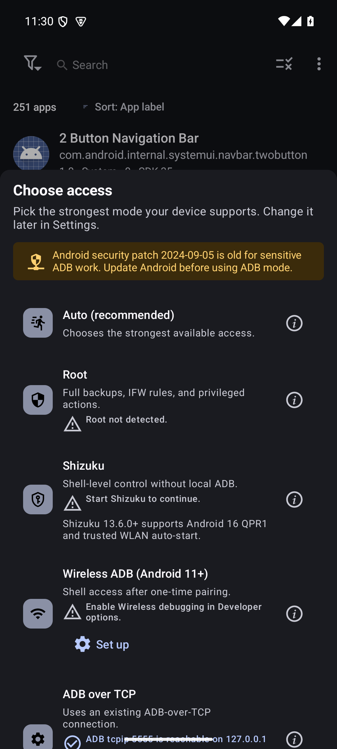 Choose No root, Root, Shizuku, Wireless ADB, or ADB over TCP