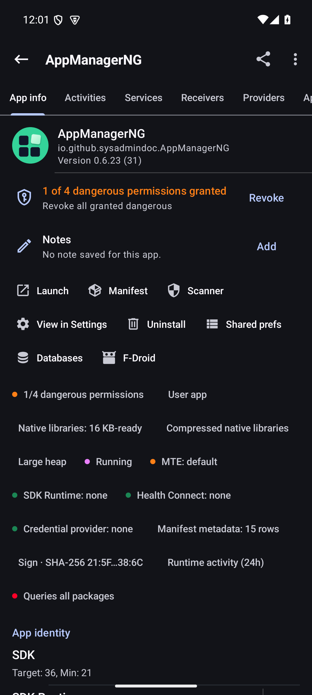 Package details with permissions, signing, and native library checks