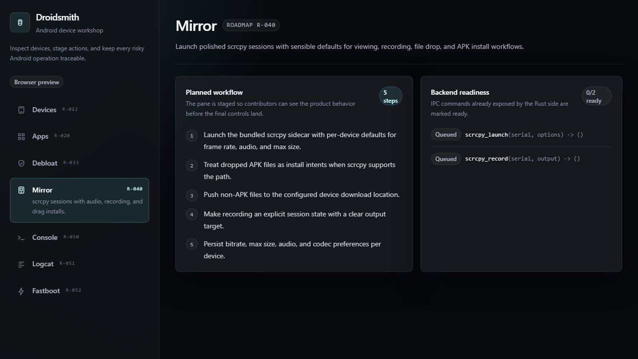 Droidsmith mirror workflow screen