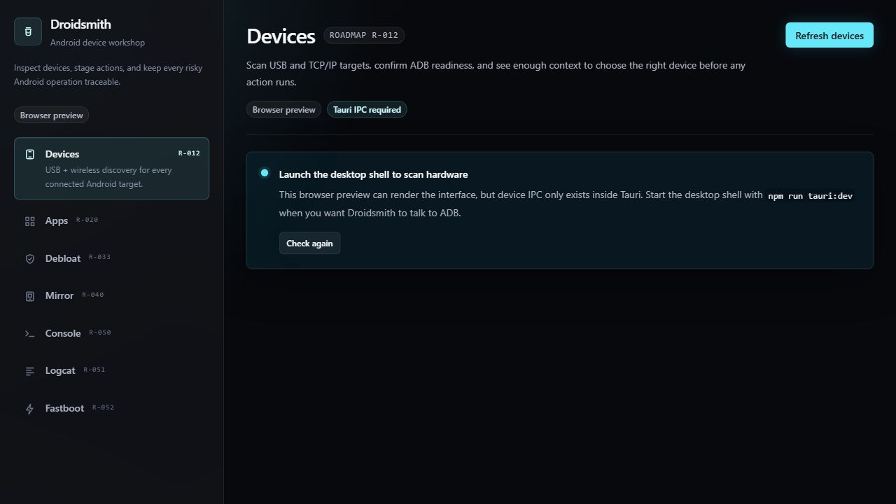 Droidsmith device readiness screen