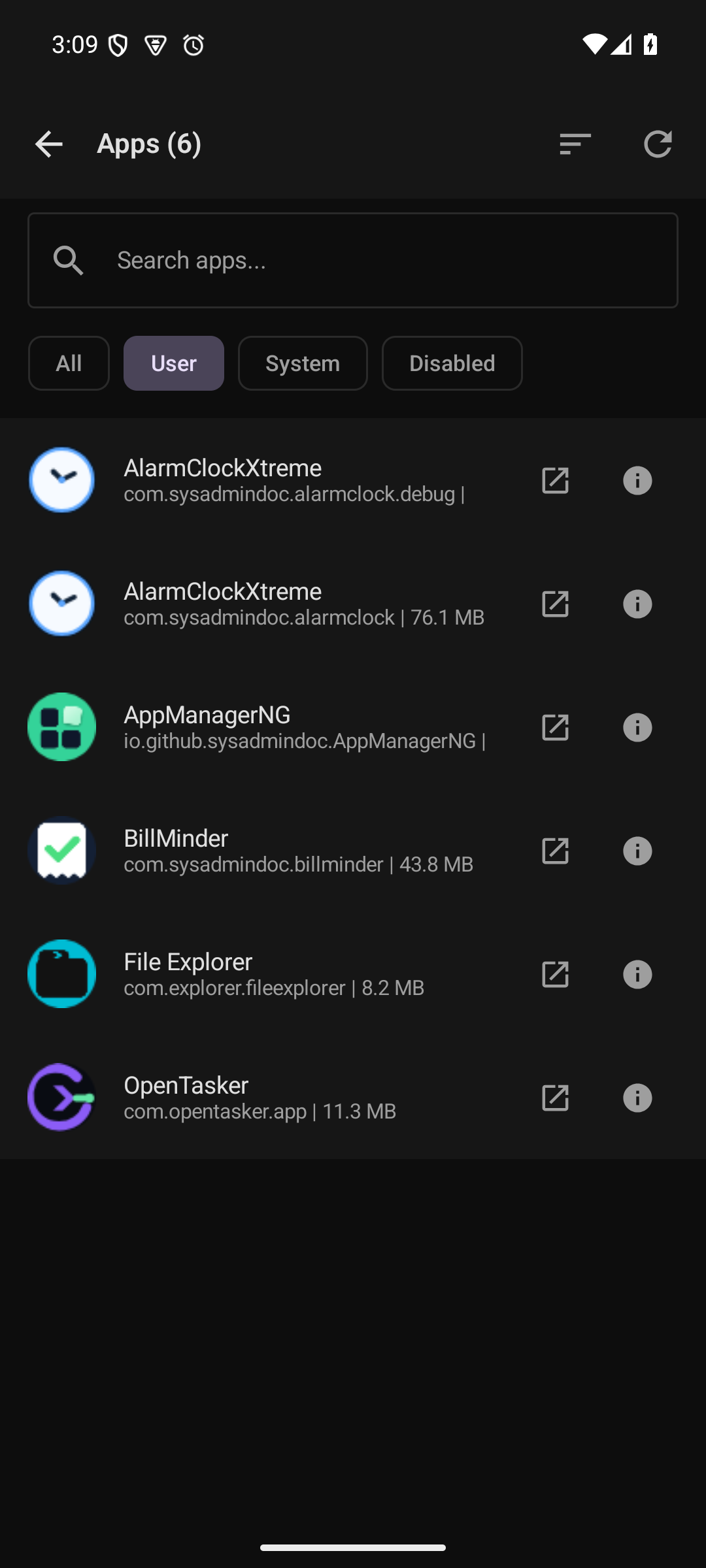 App Manager showing installed Android applications