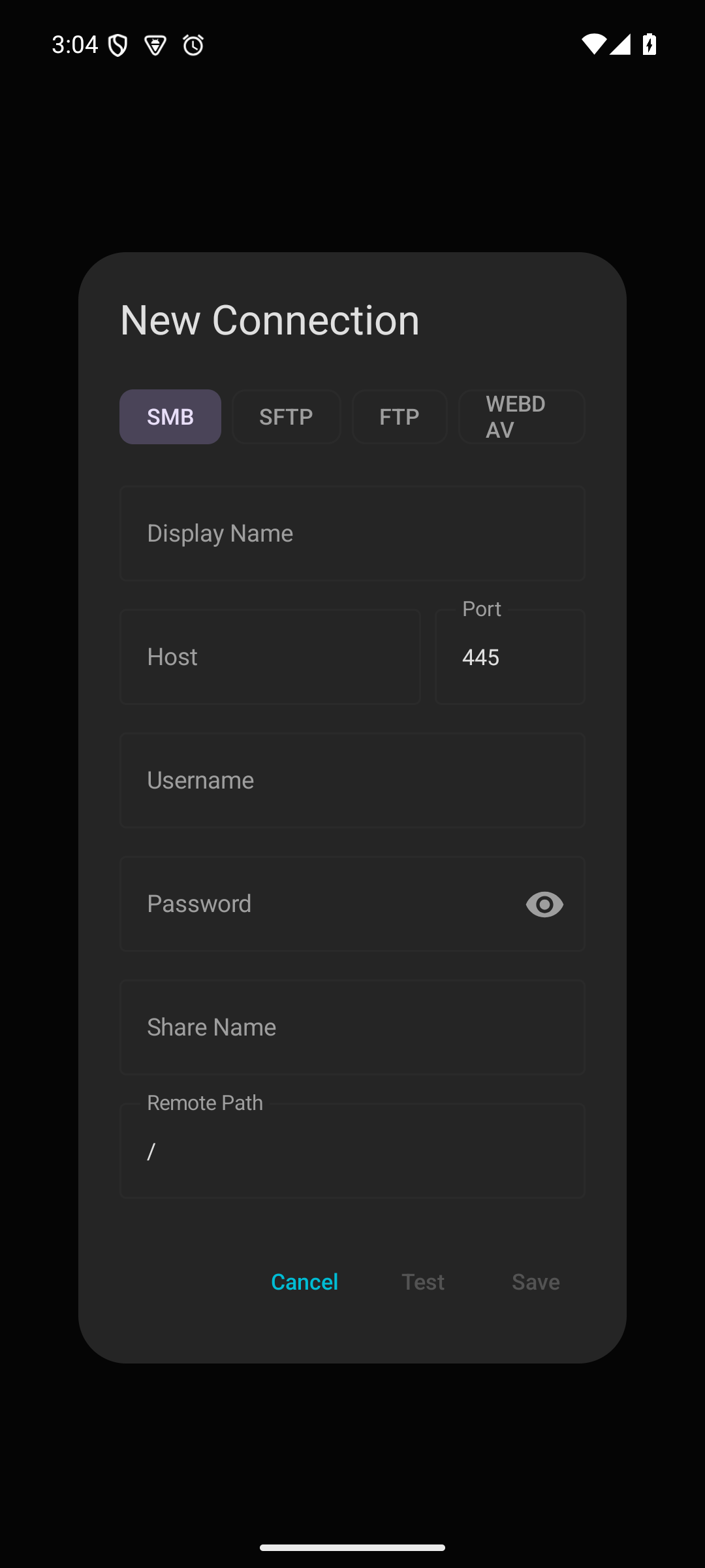 Network connection form with SMB, SFTP, FTP, and WebDAV