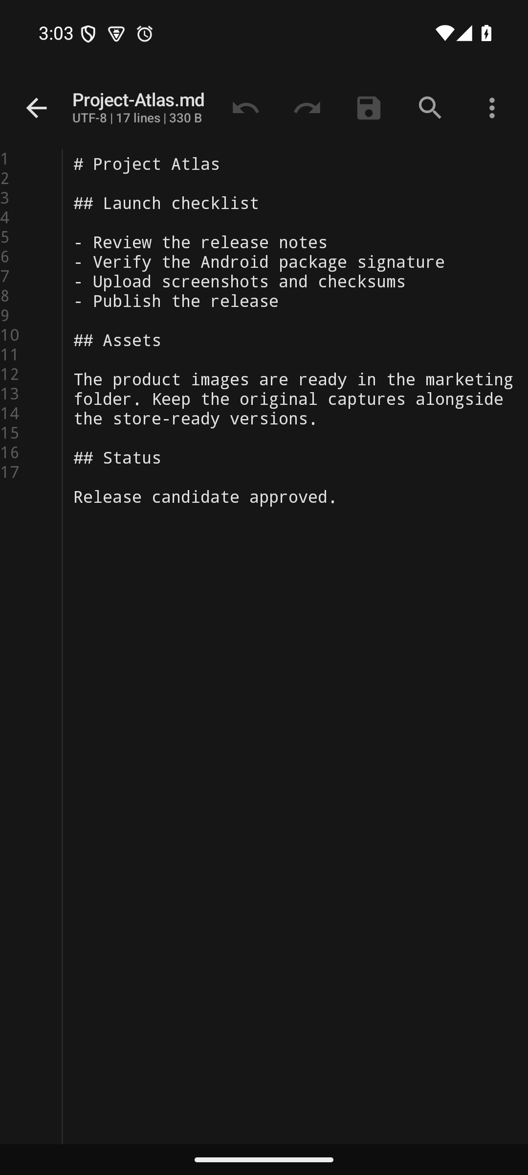 Built-in text editor with syntax highlighting and line numbers