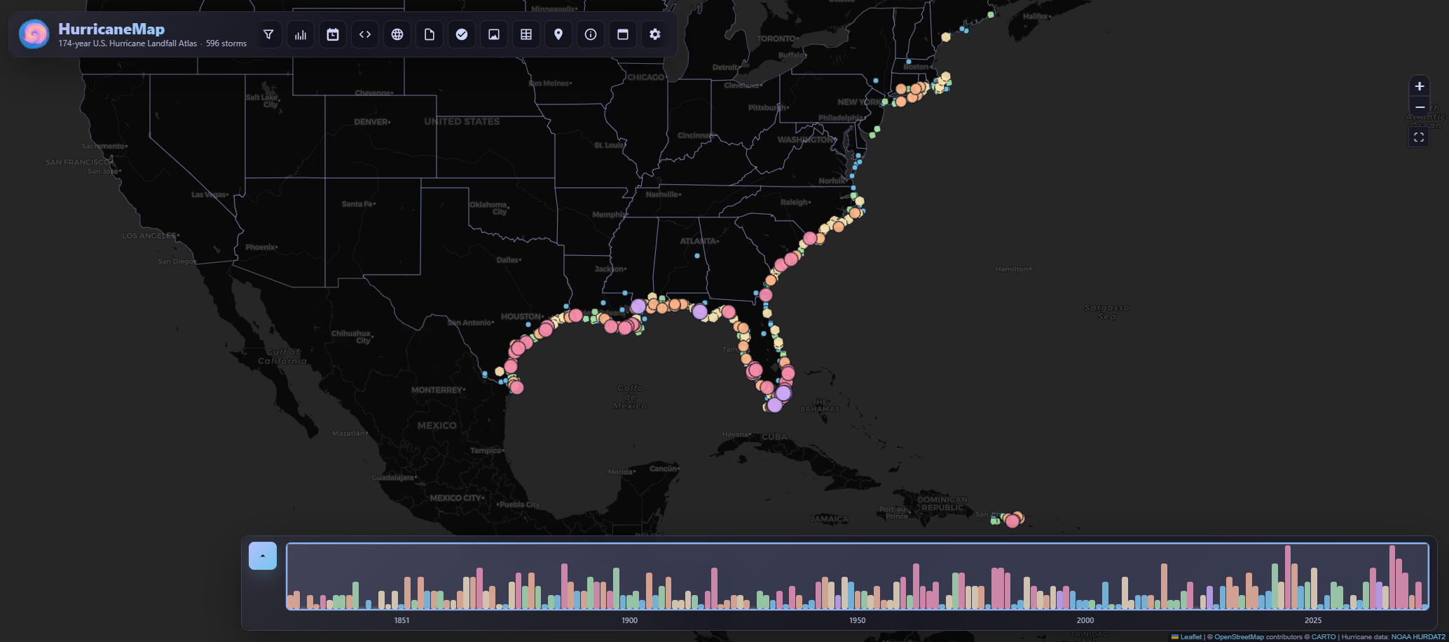 HurricaneMap map-first dark layout