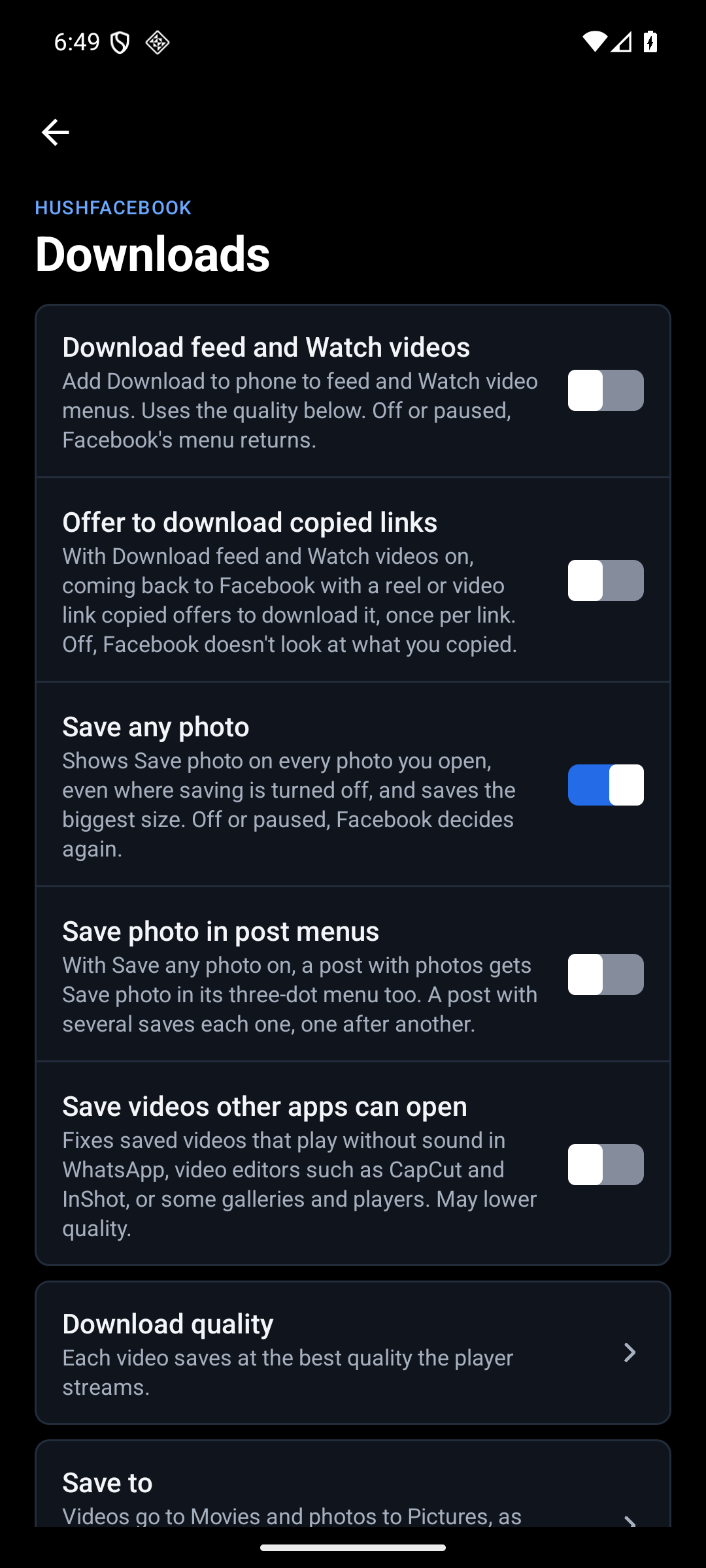Downloads settings with quality, folder and file name controls