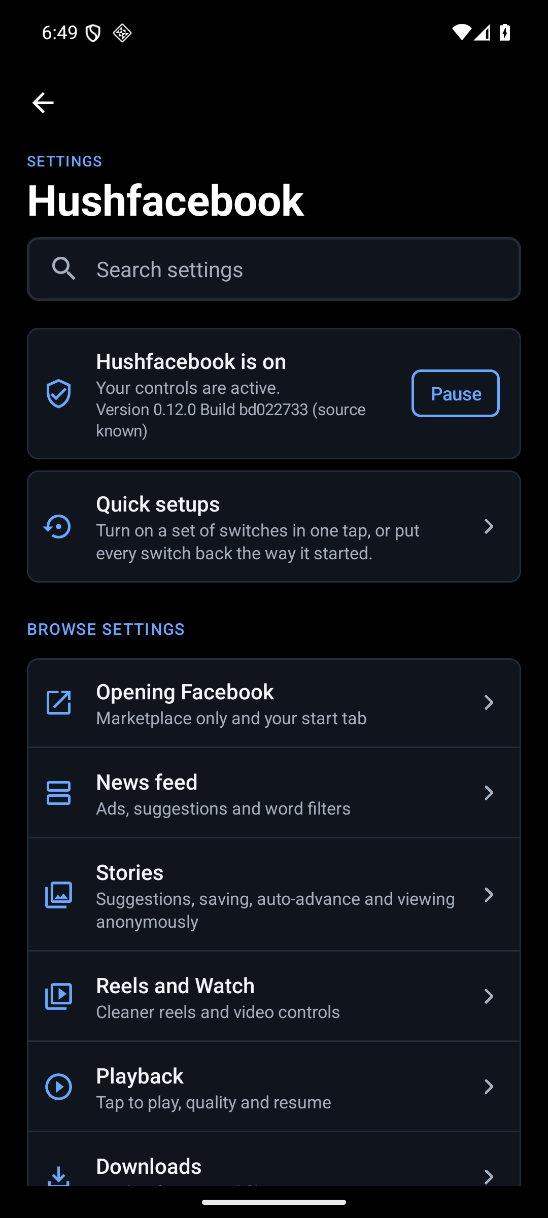 Hushfacebook overview with search, Pause and category pages