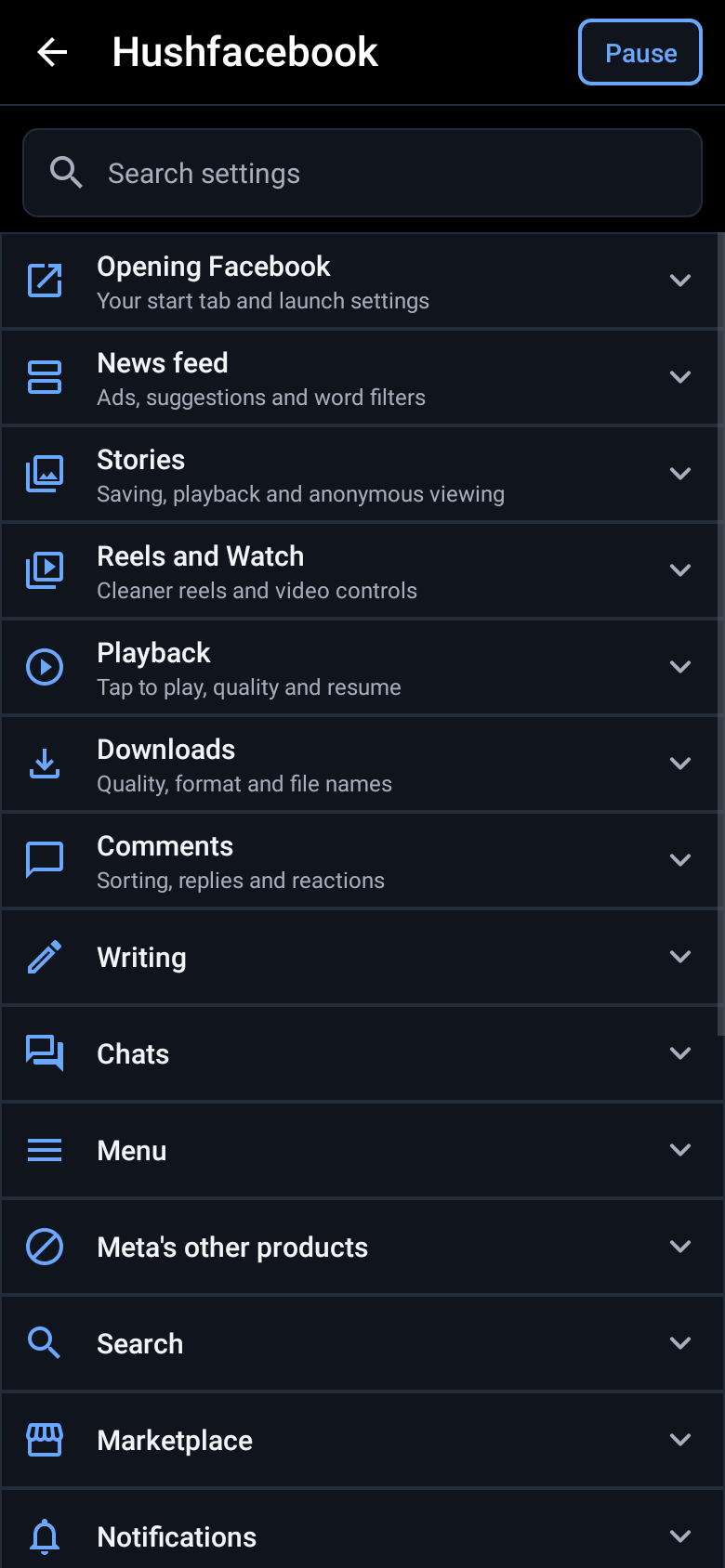 Hushfacebook settings with search, Pause and expandable sections