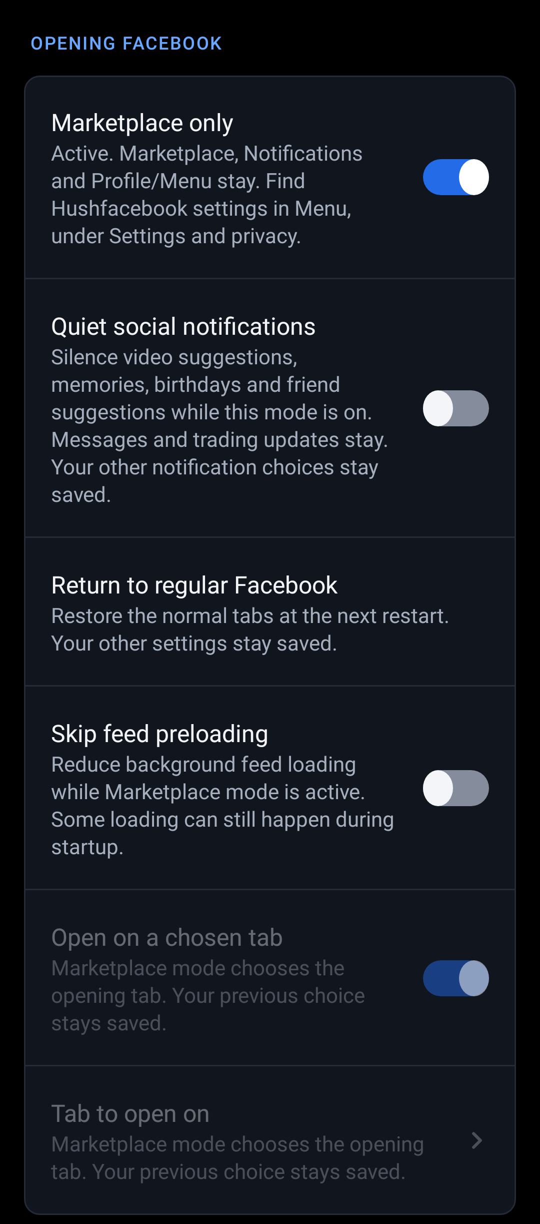 Marketplace mode active, with quiet notifications, recovery and feed preloading controls