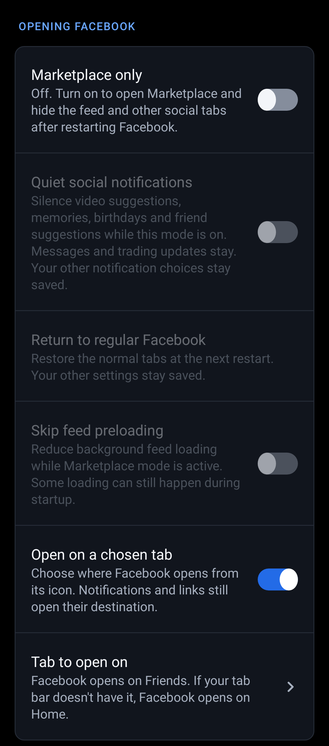 Marketplace mode off, with the saved start-tab controls available again