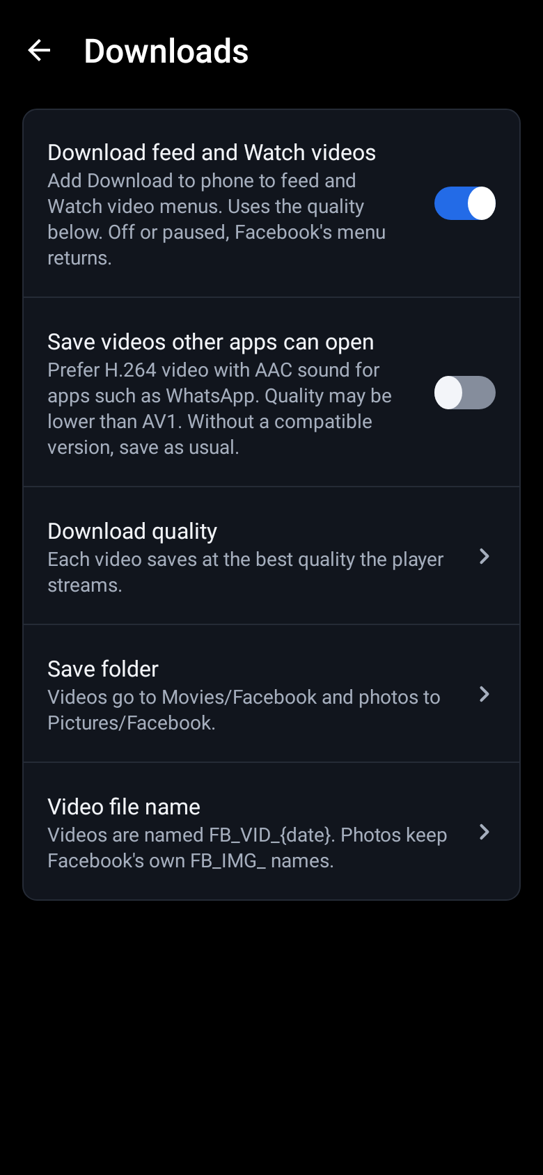 Downloads settings with quality, compatibility, folder and file name controls