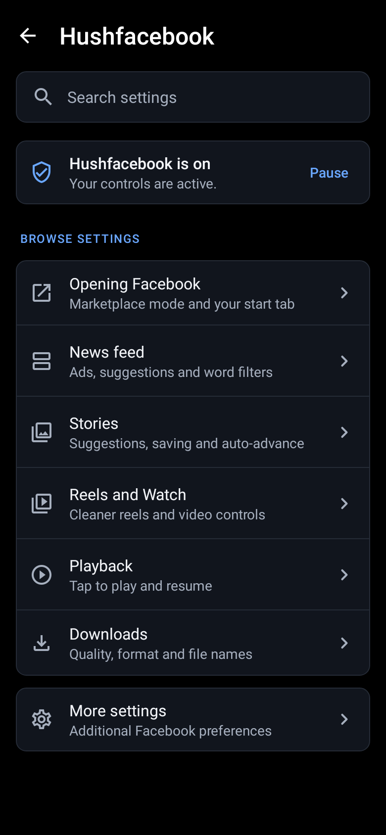 Hushfacebook overview with search, Pause and category pages