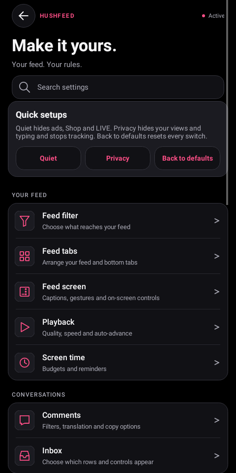 Hushfeed settings home