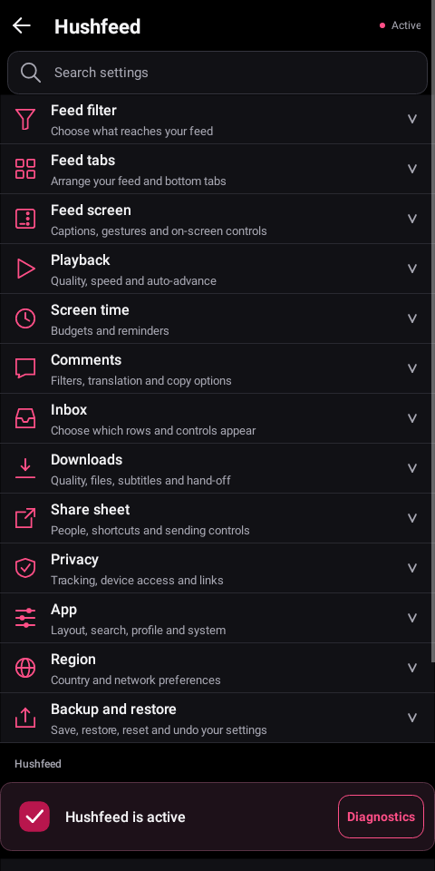 Hushfeed settings home