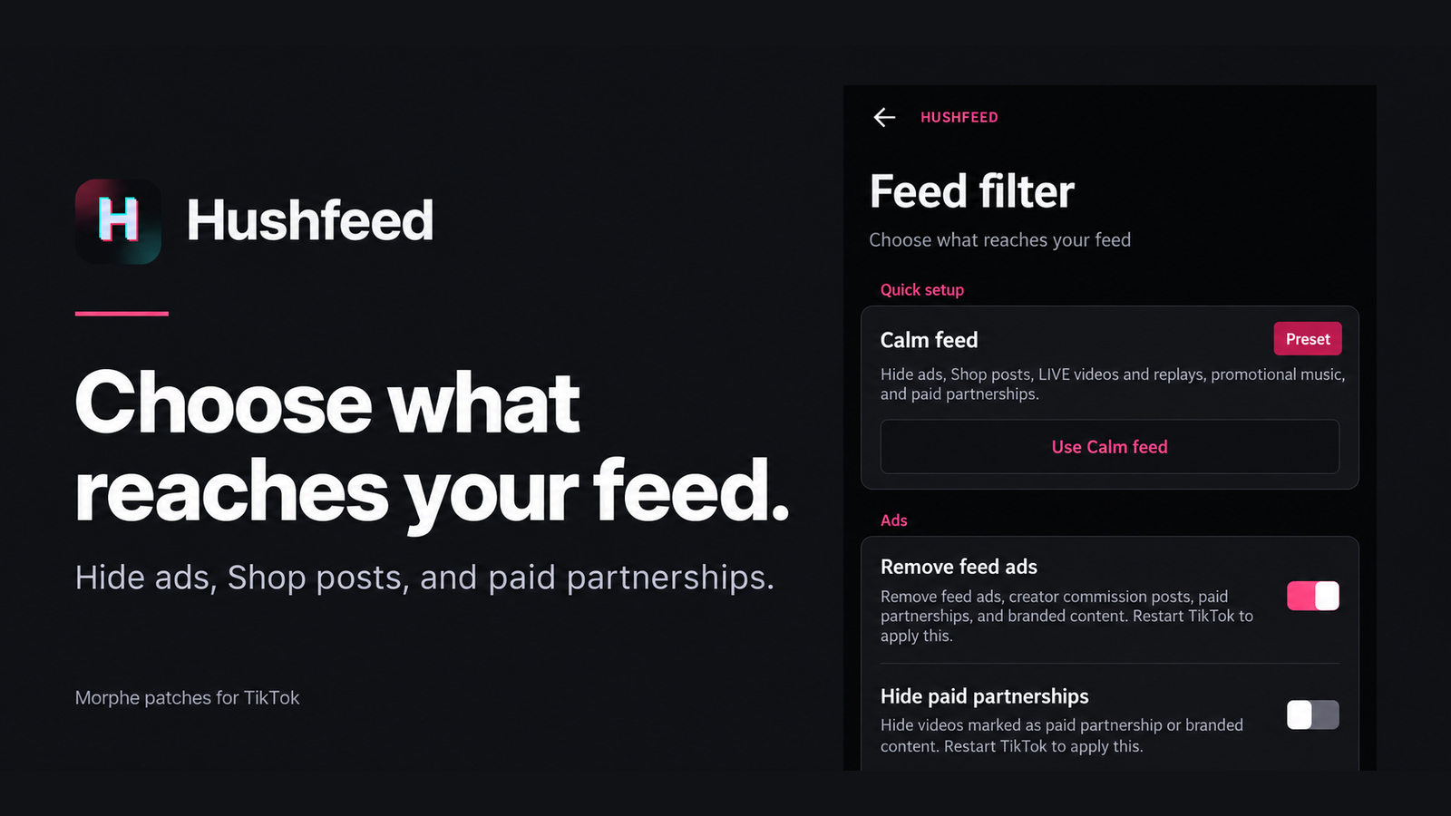 Hushfeed. Take back your feed with focused controls for filtering, gestures, playback, downloads and privacy.