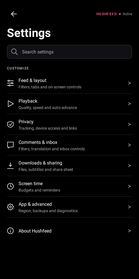 Hushfeed settings home