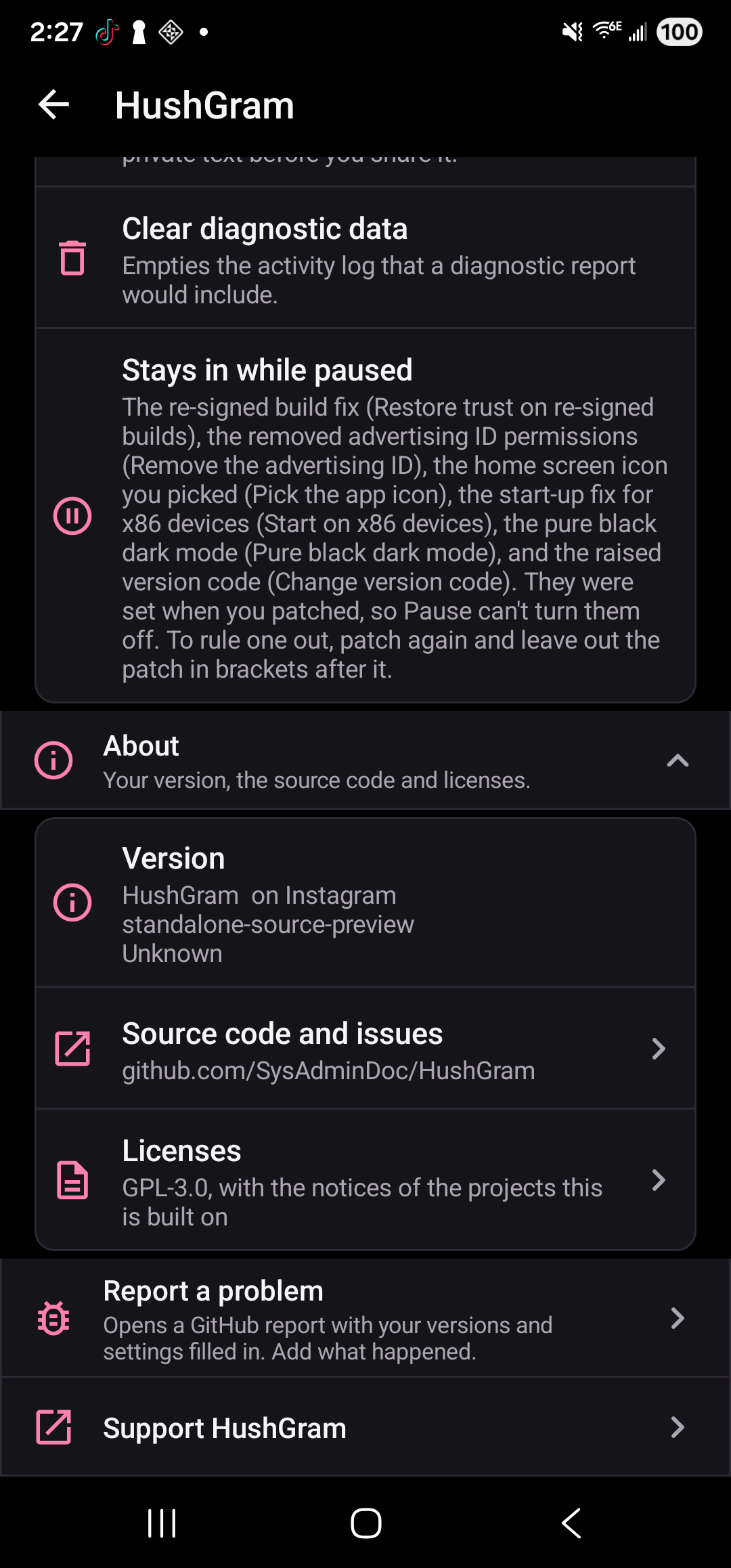 HushGram About page with version and licenses