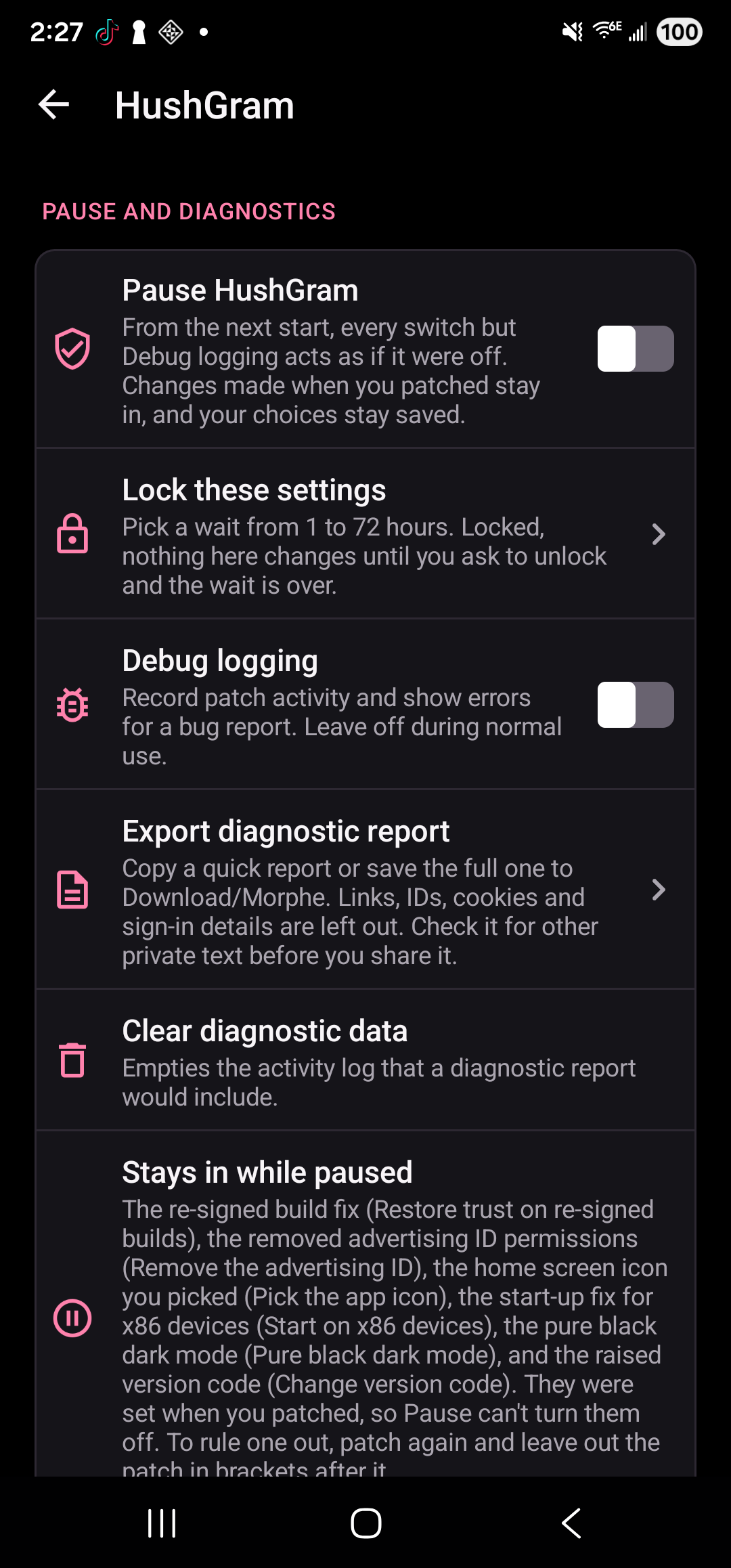 HushGram Pause and diagnostics controls