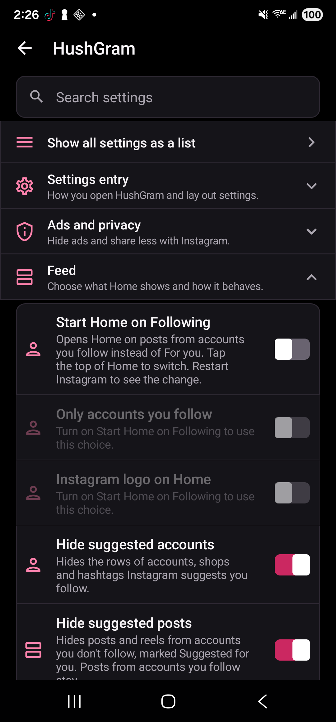 HushGram settings with category navigation and search