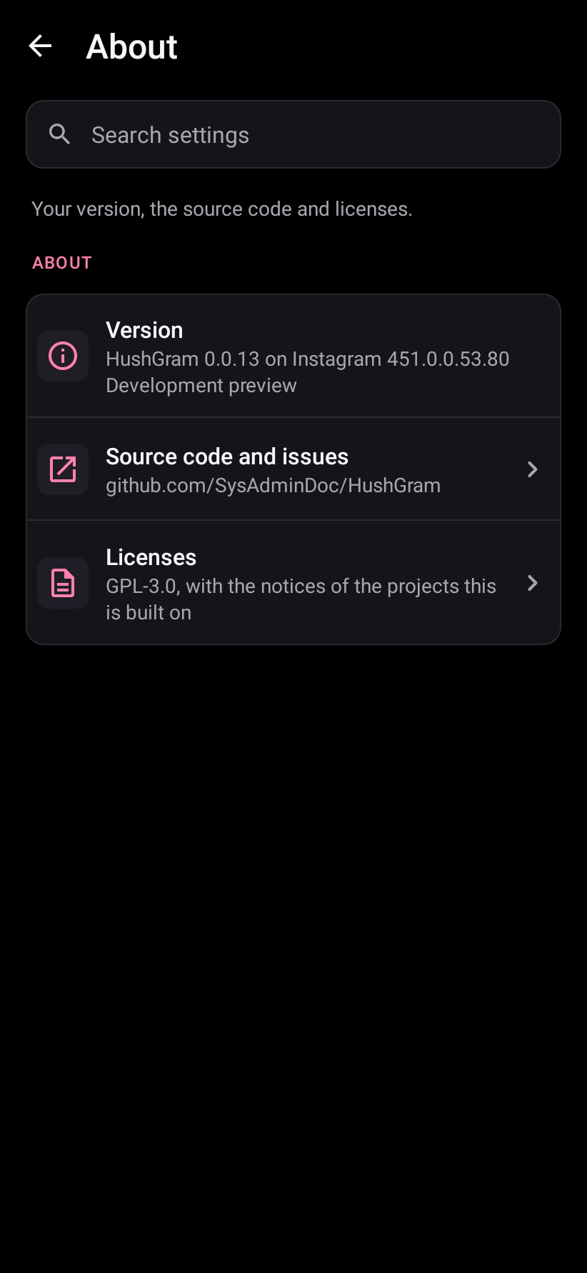 HushGram About page with version and licenses