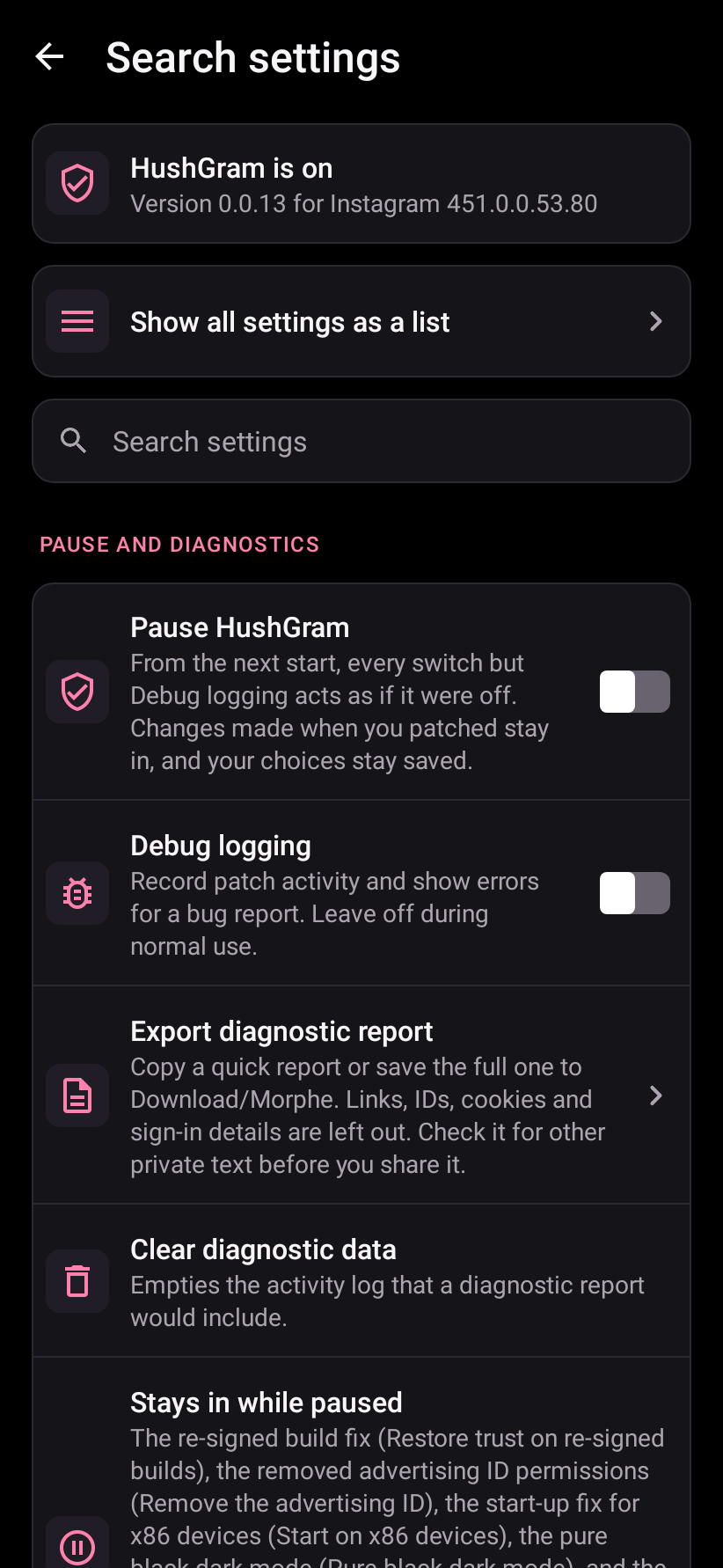 HushGram Pause and diagnostics controls