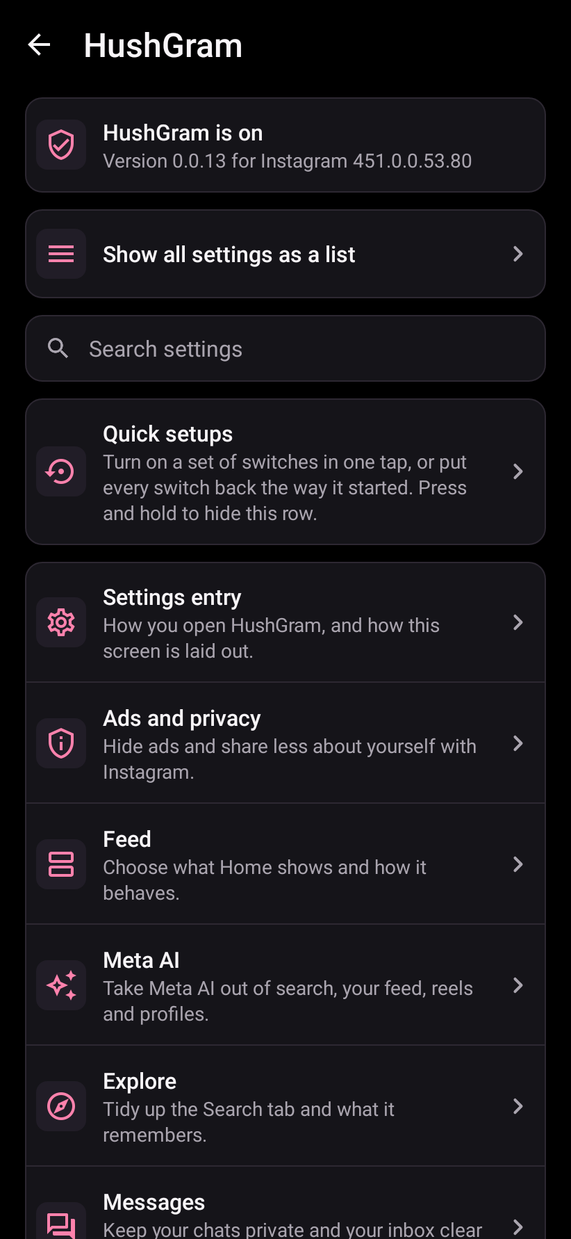 HushGram settings with category navigation and search