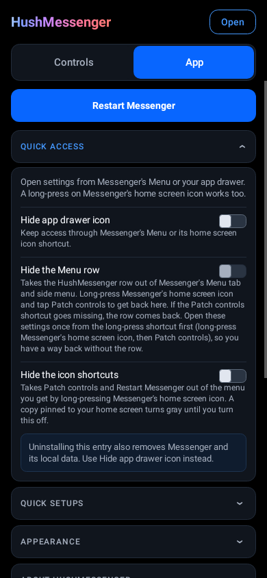 App tab in the dark theme, with the restart button and the Quick access section open