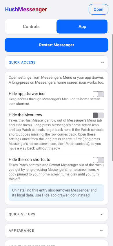 App tab in the light theme, with the restart button and the Quick access section open