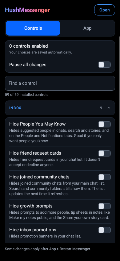 Controls tab in the dark theme, with search and category filters