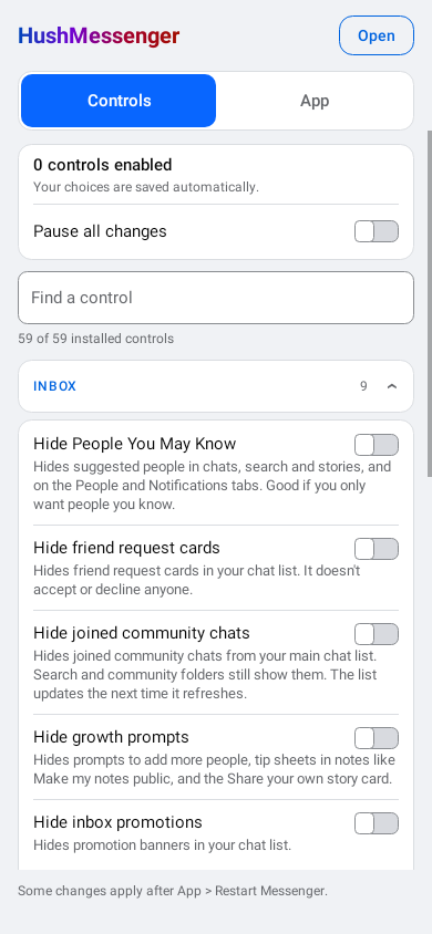 Controls tab in the light theme, with search and category filters