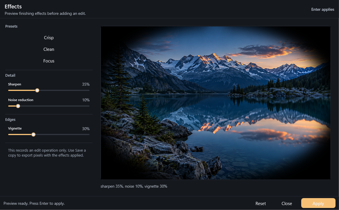 Sharpen, noise reduction, and vignette effects