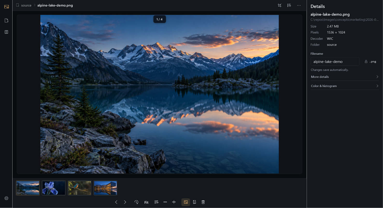 Images viewer with a folder filmstrip and inline filename editor