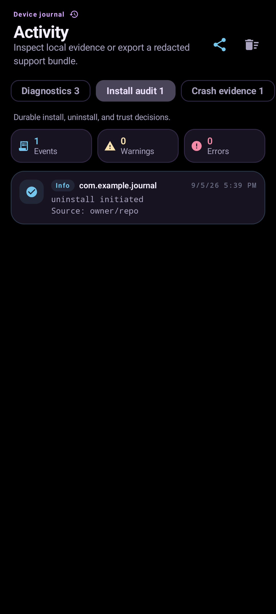 LocalAndroidStore device journal with test evidence