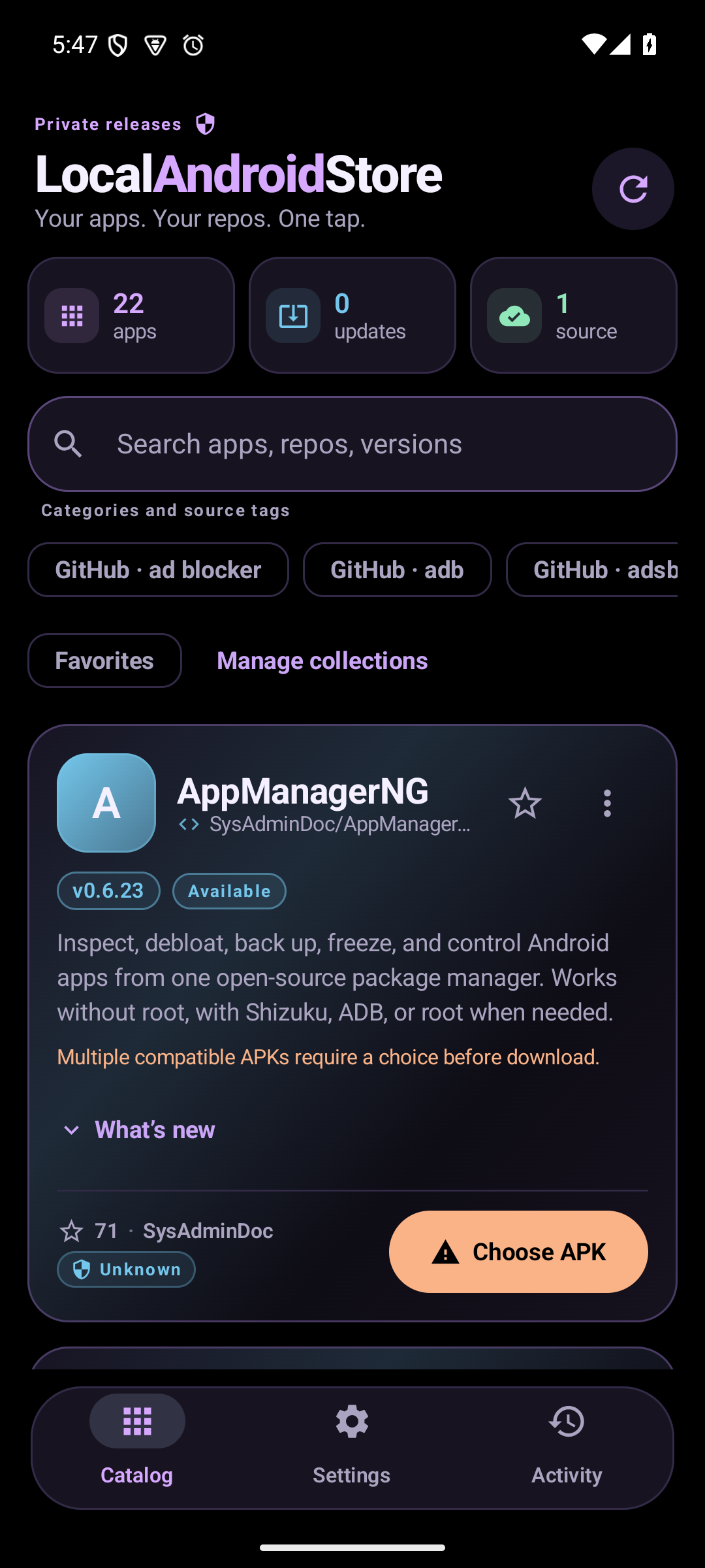 Authenticated LocalAndroidStore catalog showing available Android releases
