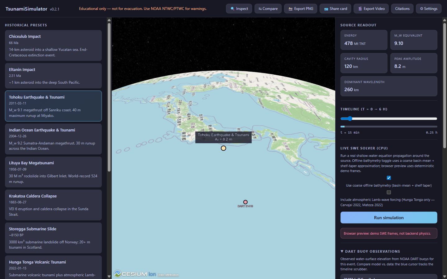 Tohoku preset selected on the globe