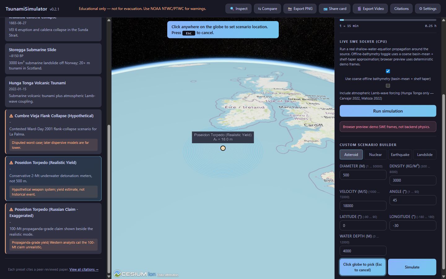 Custom scenario builder with globe pick mode enabled
