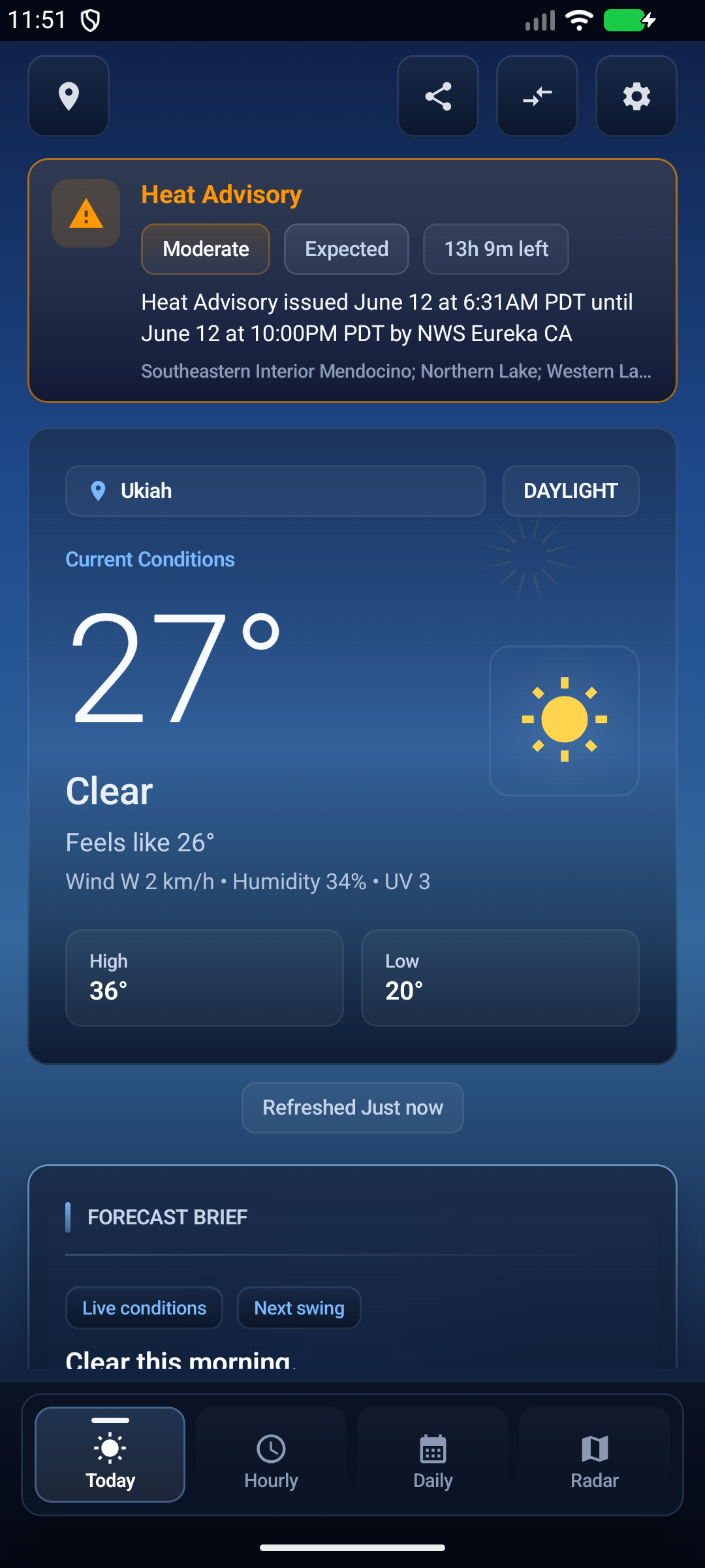 ZeusWatch Today screen with current conditions and forecast cards